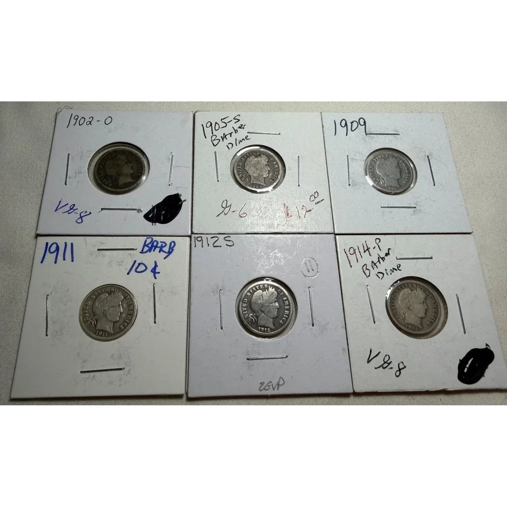 Lot of 6 Barber Silver Dimes 1902-O 1905-S 1909 1911 1912-S 1914-P US Coins
